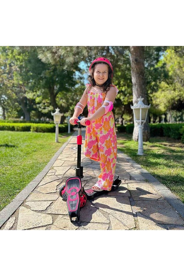 Combo 3 Tekerlekli Katlanabilir Işıklı Oturaklı Scooter - Pembe - 1