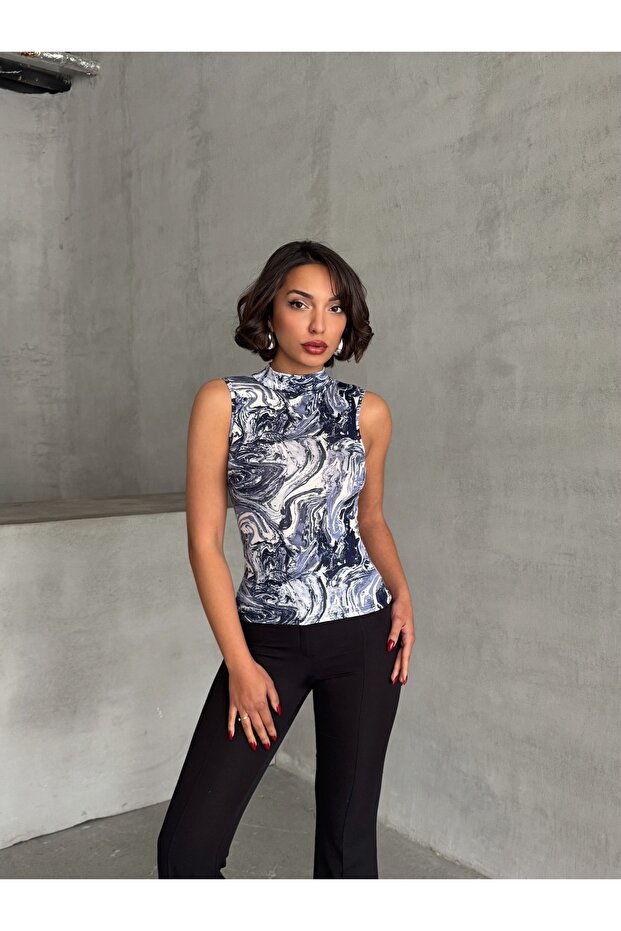 Women's Navy Blue Cream Turtleneck Tank Top
