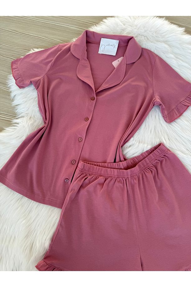 Gül Kurusu Pamuklu Kol ve Paça Fırfır Detaylı Kısa Kol Önden Düğmeli Şortlu Pijama Takımı - 6
