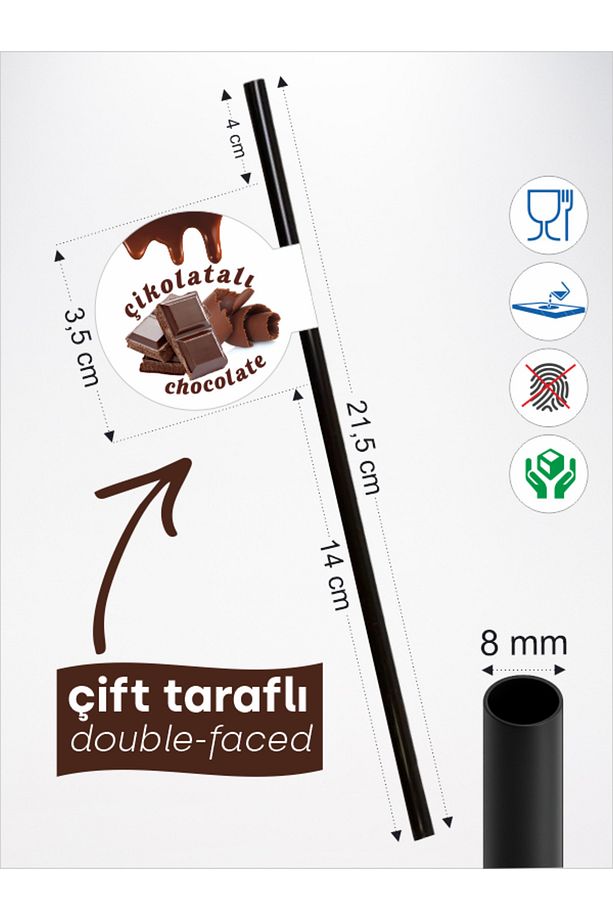 Çikolatalı Bayraklı Pipet 21,5 cm Siyah Pipet , 8mm Kalınlık , 20 Adet - 3
