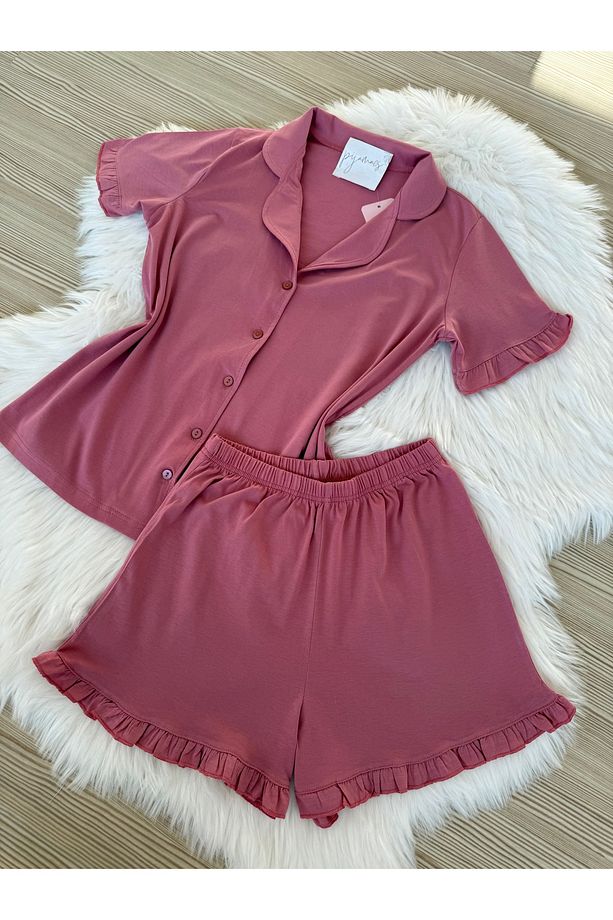 Gül Kurusu Pamuklu Kol ve Paça Fırfır Detaylı Kısa Kol Önden Düğmeli Şortlu Pijama Takımı - 8