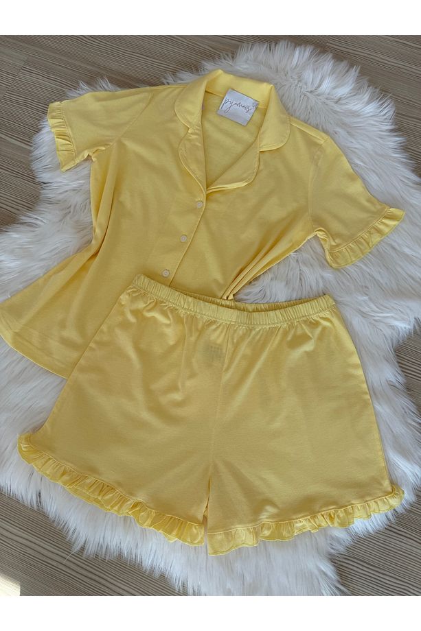 Sarı Pamuklu Kol ve Paça Fırfır Detaylı Kısa Kol Önden Düğmeli Şortlu Pijama Takımı - 7