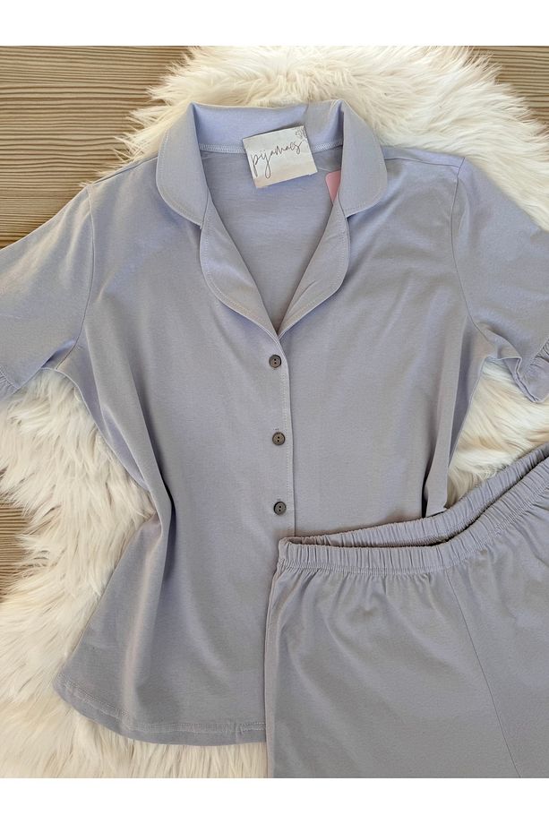 Açık Lila Pamuklu Kol ve Paça Fırfır Detaylı Kısa Kol Önden Düğmeli Şortlu Pijama Takımı - 6