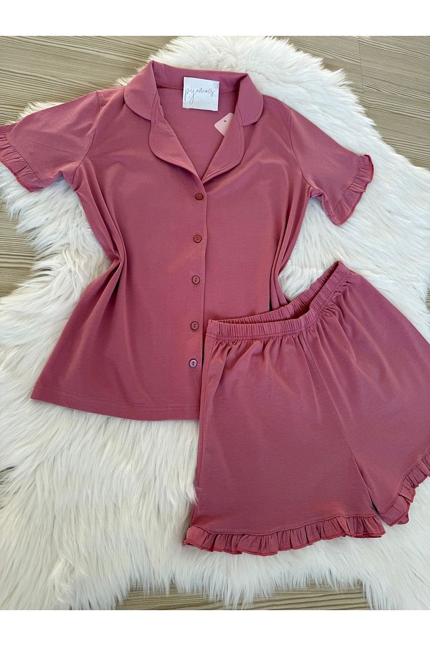 Gül Kurusu Pamuklu Kol ve Paça Fırfır Detaylı Kısa Kol Önden Düğmeli Şortlu Pijama Takımı - 4