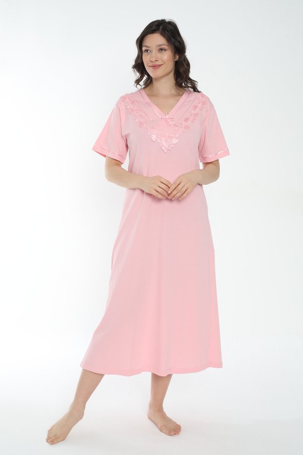 Women's Plus Size V-Neck Slit 100% Cotton Short Sleeve Nightgown / Pink - - B 561