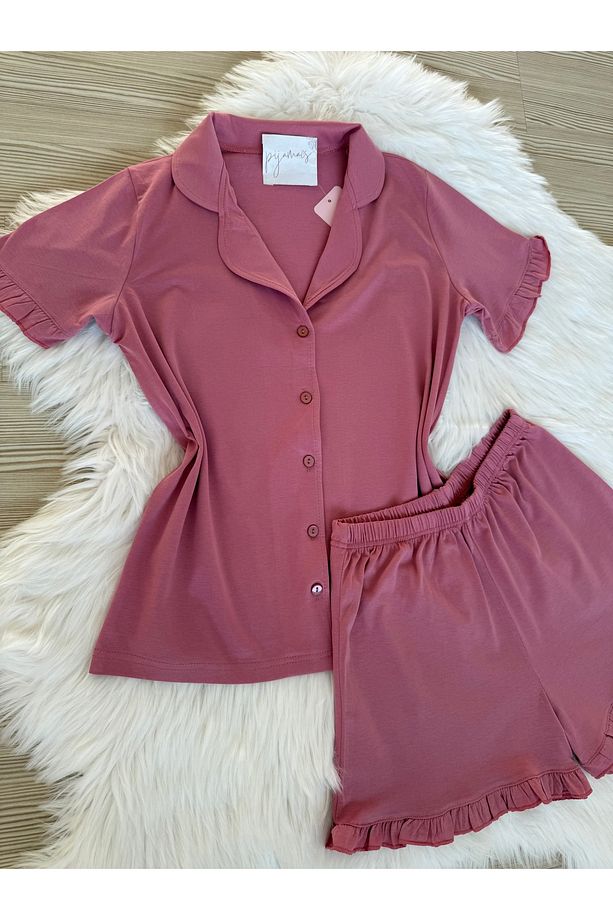 Gül Kurusu Pamuklu Kol ve Paça Fırfır Detaylı Kısa Kol Önden Düğmeli Şortlu Pijama Takımı - 3