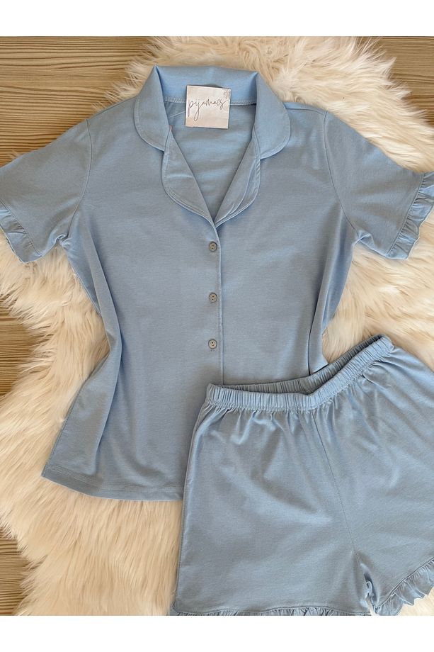Bebe Mavisi Pamuklu Kol ve Paça Fırfır Detaylı Kısa Kol Önden Düğmeli Şortlu Pijama Takımı - 5