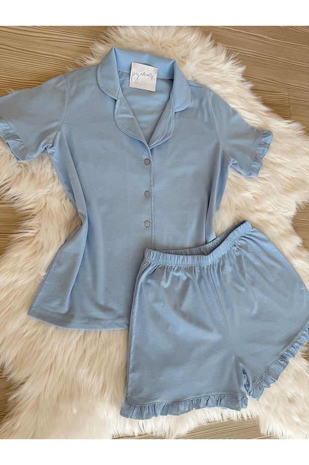 Bebe Mavisi Pamuklu Kol ve Paça Fırfır Detaylı Kısa Kol Önden Düğmeli Şortlu Pijama Takımı - 3