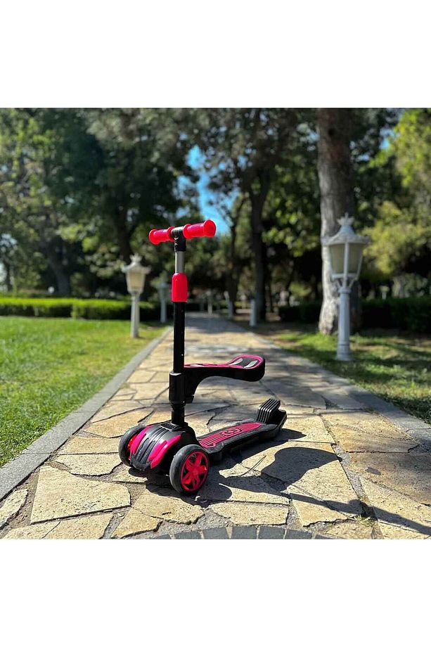 Combo 3 Tekerlekli Katlanabilir Işıklı Oturaklı Scooter - Pembe - 3
