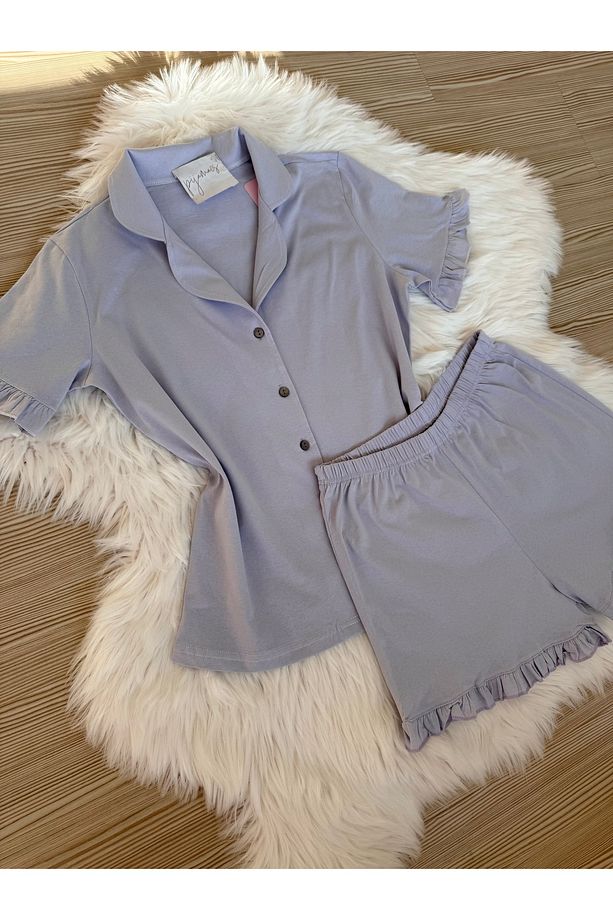 Açık Lila Pamuklu Kol ve Paça Fırfır Detaylı Kısa Kol Önden Düğmeli Şortlu Pijama Takımı - 2
