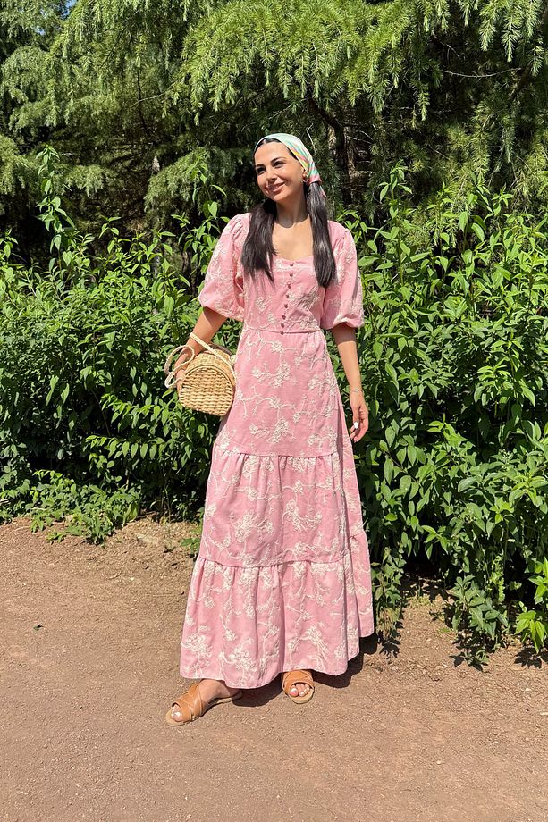 Marsilya Balon Kollu İşlemeli Pembe Elbise - 1
