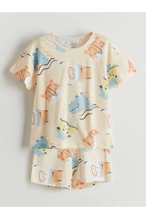 Lcw Baby Beige Printed Baby Boy T-Shirt and Shorts 2-Pack