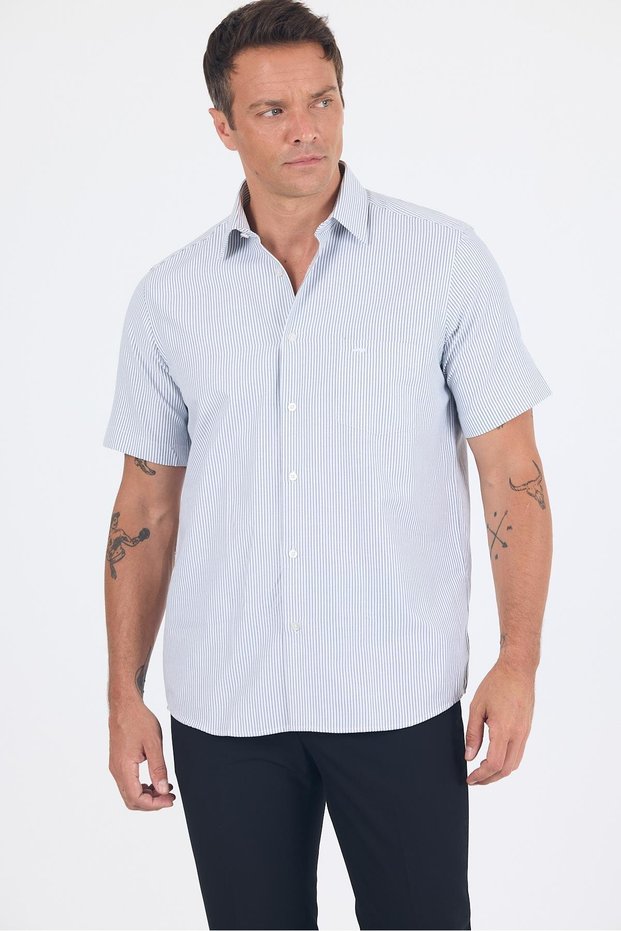 Men's Black Hard Collar Short Sleeve Pocket Comfort Fit Cls Shirt 1004250259