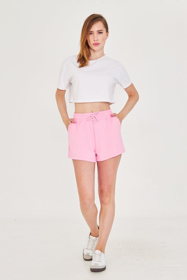 Women's Pink Modal Fabric Summer Shorts with Pockets, Elastic Waist and Laces, Flexible Lycra, Casual Casual Model