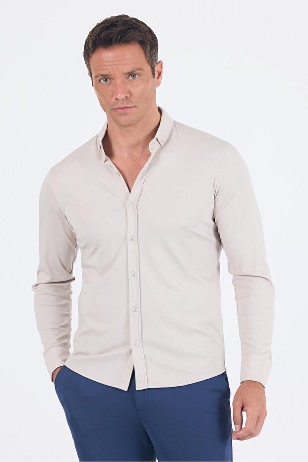 Men's Stone Color Italian Buttoned Collar Long Sleeve Slim Fit Shirt 1004250254