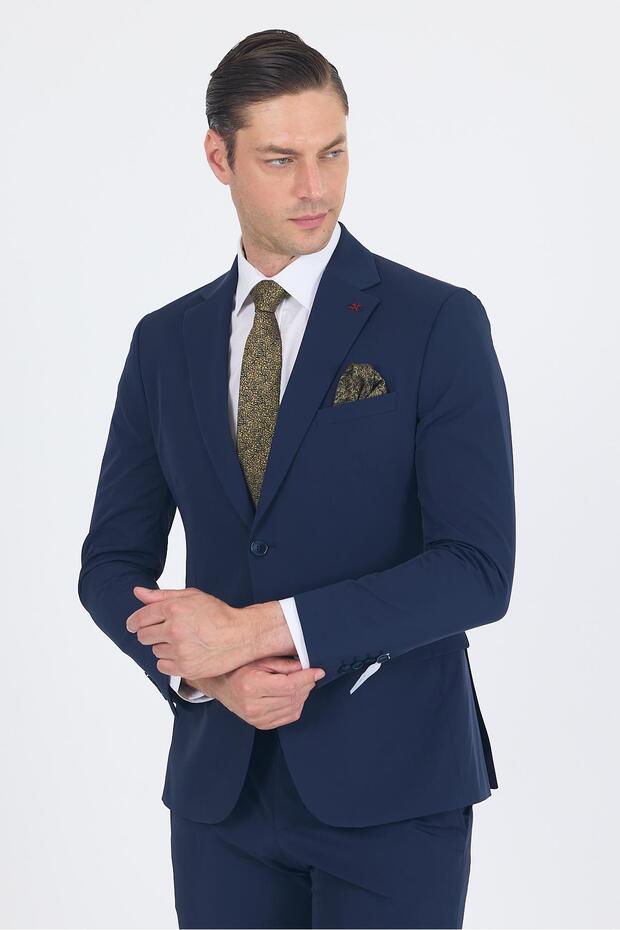 Men's Navy Blue Mono Collar 6 Drop Slim Fit Elastic Waist Suit 1001250121