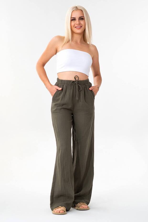 Muslin 100% Natural Cotton Elastic Waist Wide Leg Trousers Khaki