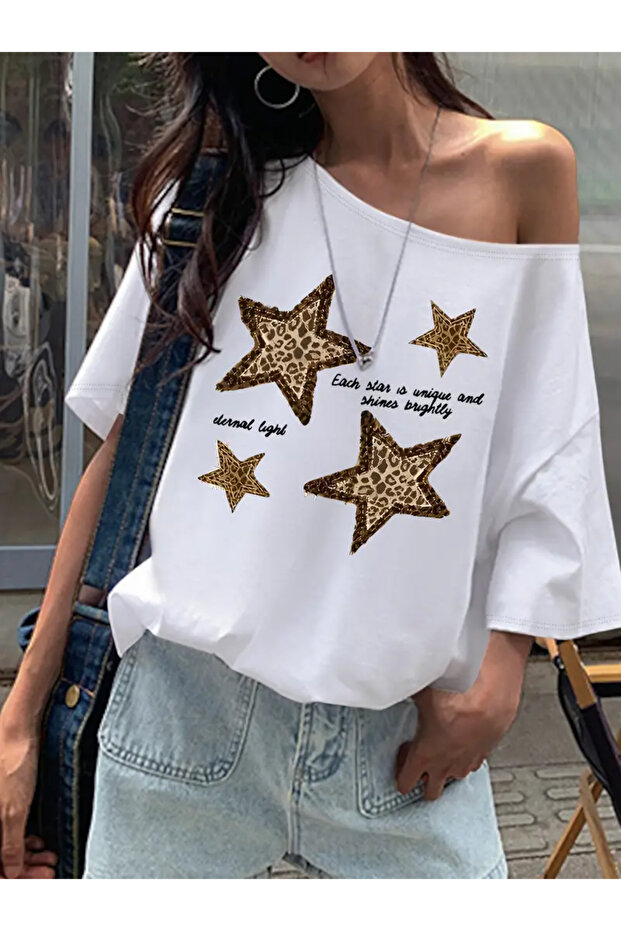 Women's Off Shoulder Leopard Star Printed Boat Neck T-Shirt