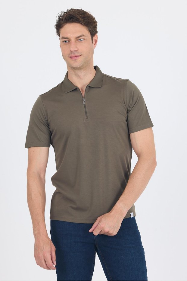 Khaki Short Sleeve Plain Suprem Polo Collar Pocketless Flexible Casual Slim Fit T-Shirt 1011250161