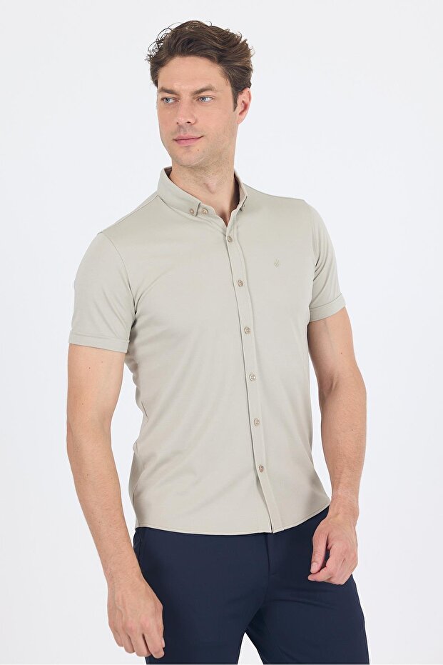 Men's Gray Italian Buttoned Collar Short Sleeve Slim Fit Shirt 1004250255