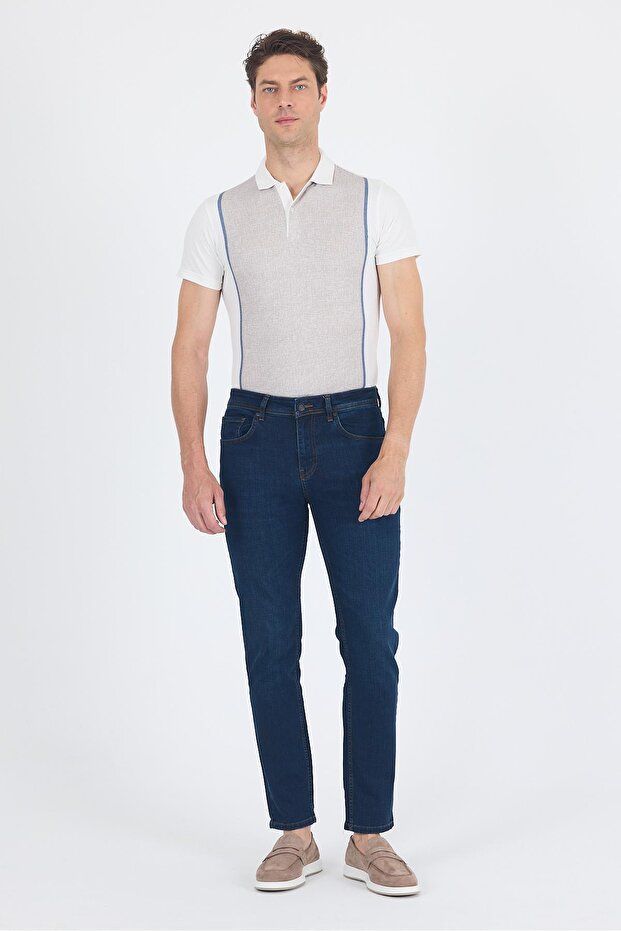 Navy Blue Gabardine 5 Pocket Straight Leg Casual Slim Fit Cotton Denim Trousers 1023250153