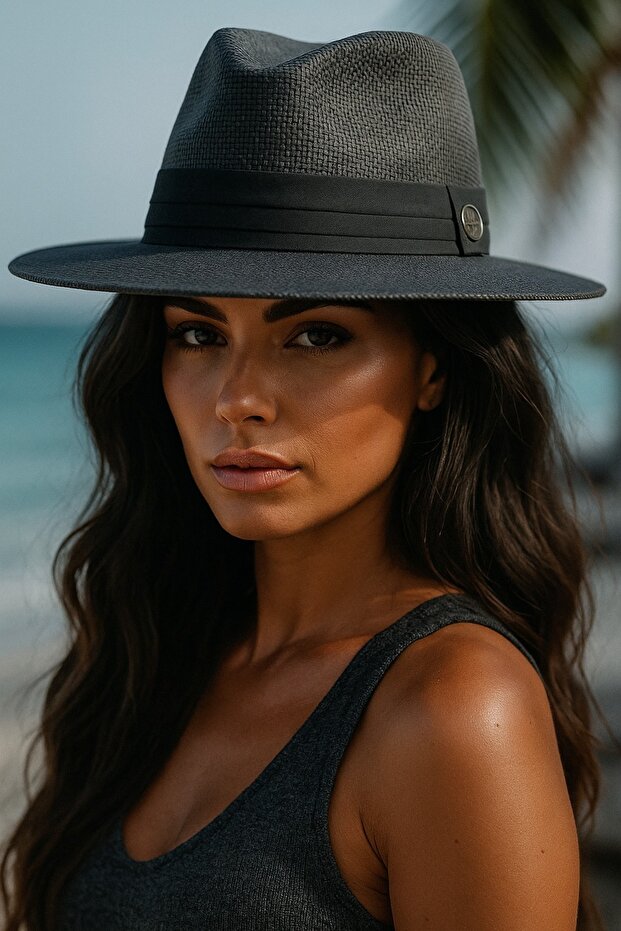 Summer Women's Black Ribbon Banded Straw Fedora Hat
