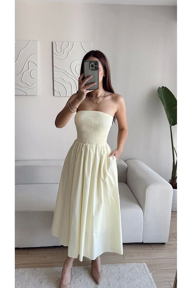 Straplez Poplin Cepli Elbise - SARI - 4
