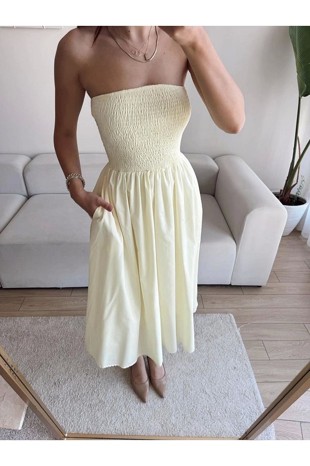 Straplez Poplin Cepli Elbise - SARI - 6