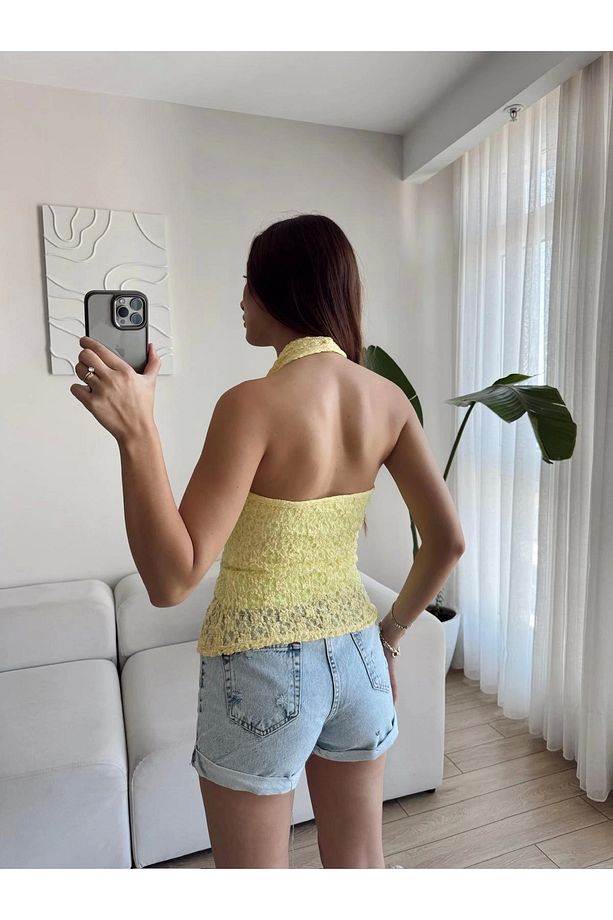 Boyun Geçmeli Dantel Crop - SARI - 2