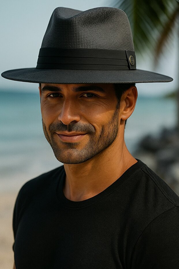 Summer Men's Black Ribbon Banded Straw Fedora Hat