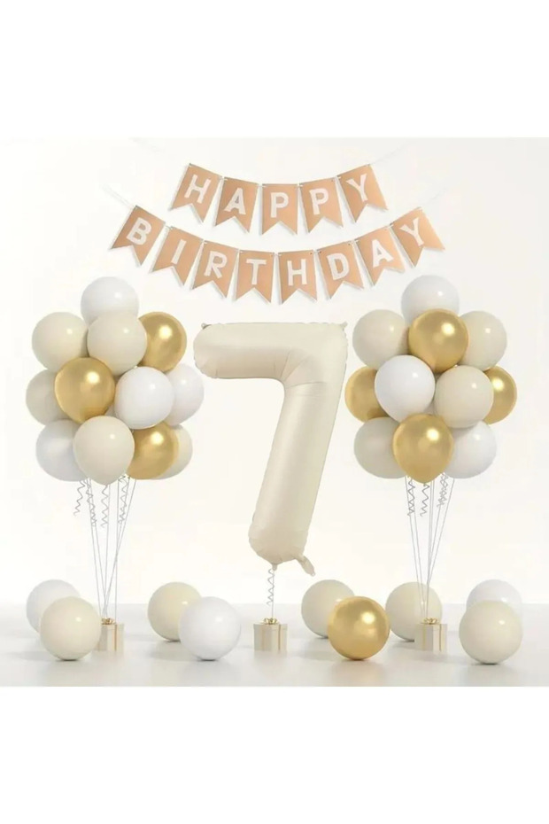 Birthday Balloon Set 🎂 | Gold 🤍 White 🤎 Sea Sand | Foil Balloon and Banner Including Numbers!