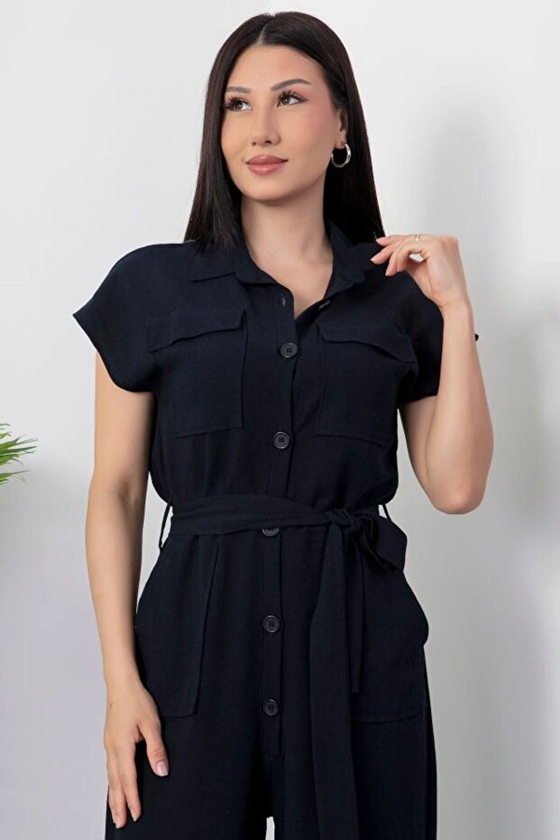 Düğmeli Keten Tulum - 1