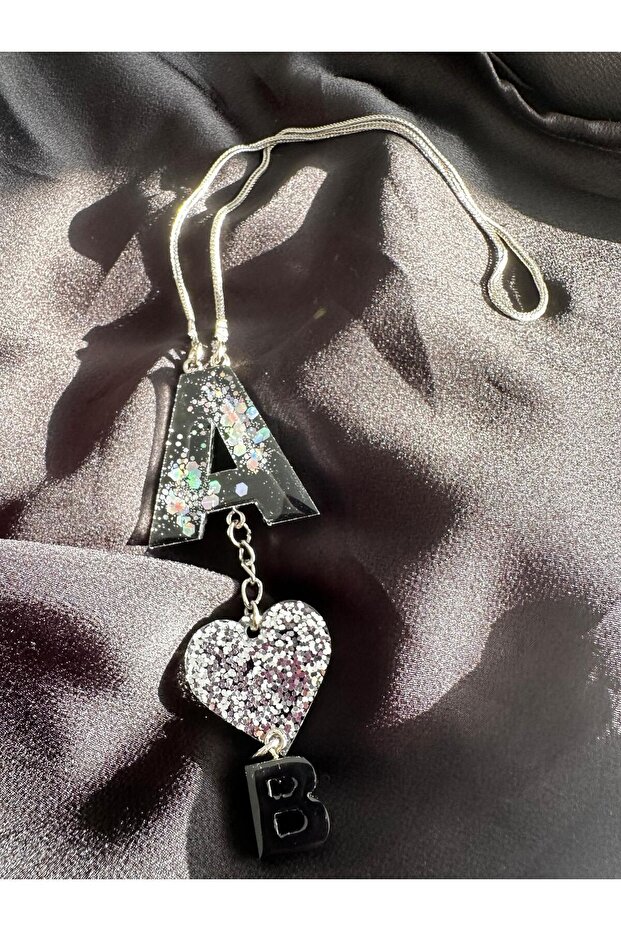 Black and Silver Glitter Heart Epoxy Rearview Mirror Ornament with Letter A Spouse Letter Valentine's Day Gift