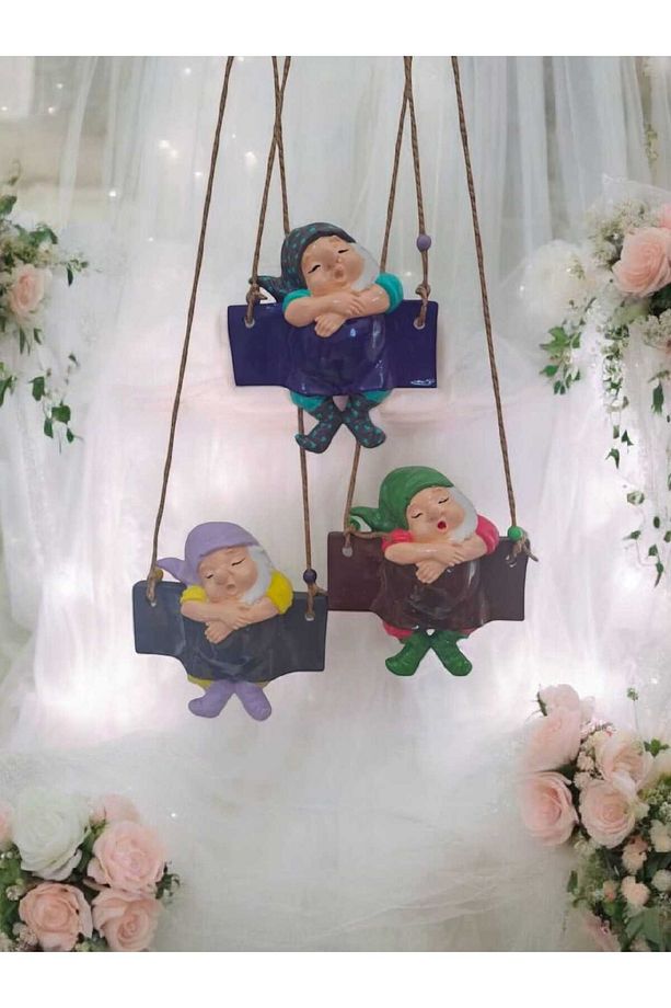 Dekoratif Sallanan Uyuyan Cüce Biblo Seti Sevimli Duvar ve Salıncak Süsü Set (3’lü) - 4
