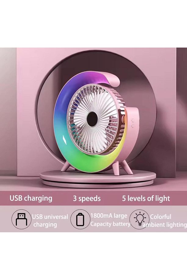 USB Şarj Edilebilir Fan LED 7 Renkli Döner Başlıklı - 1