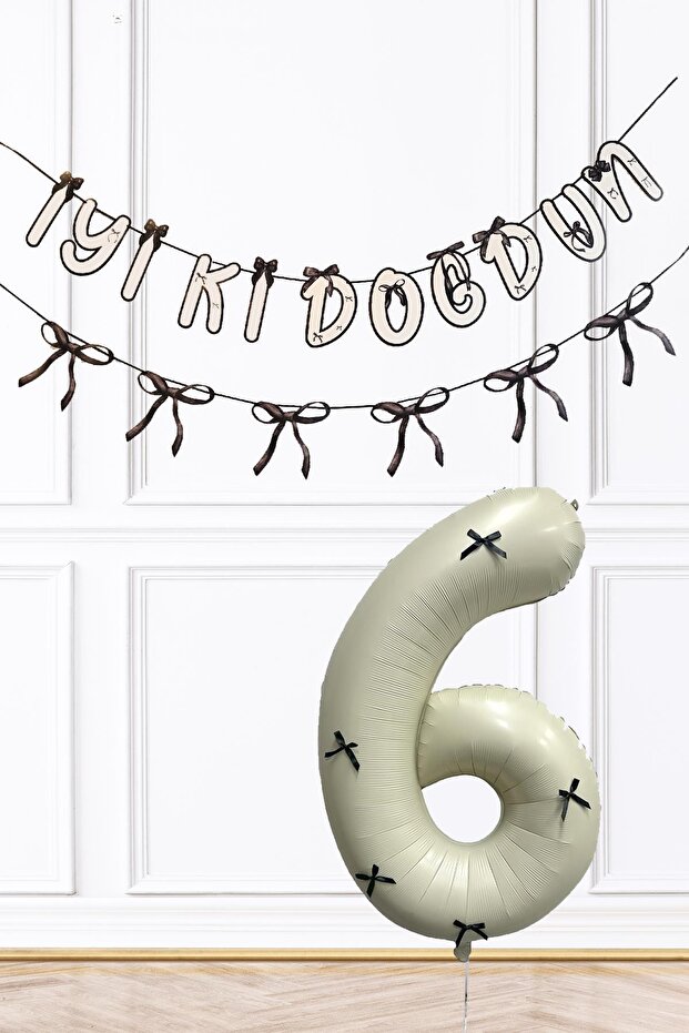 Black Bow Concept Banner and Birthday Balloon Set with Age Balloons