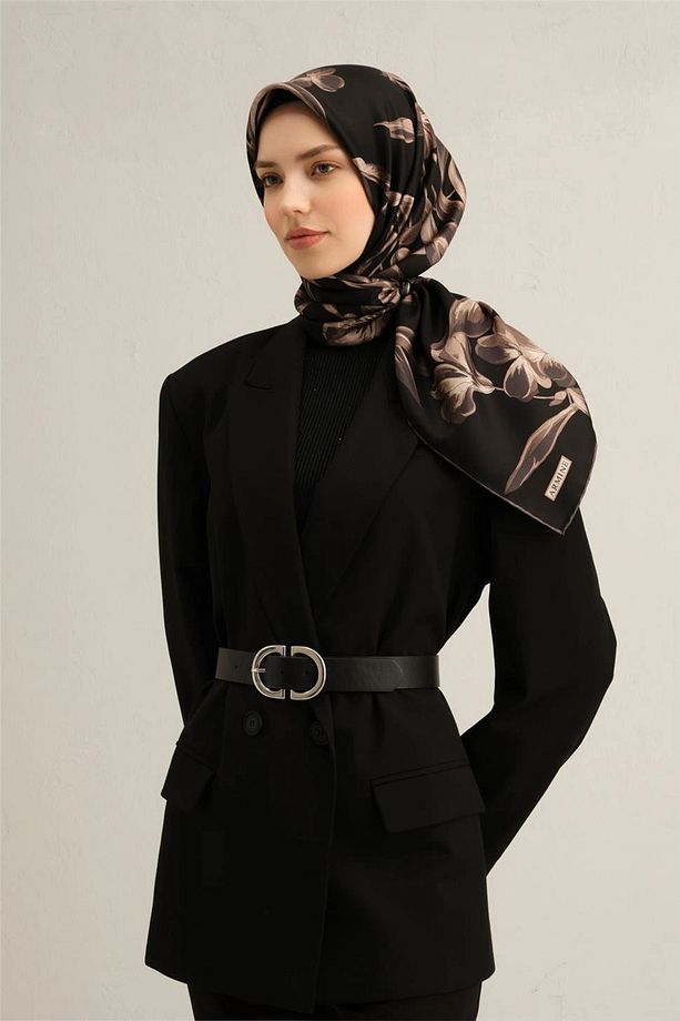 Çiçek Desenli Saf İpek Sura Eşarp 9304 - 85 - 2