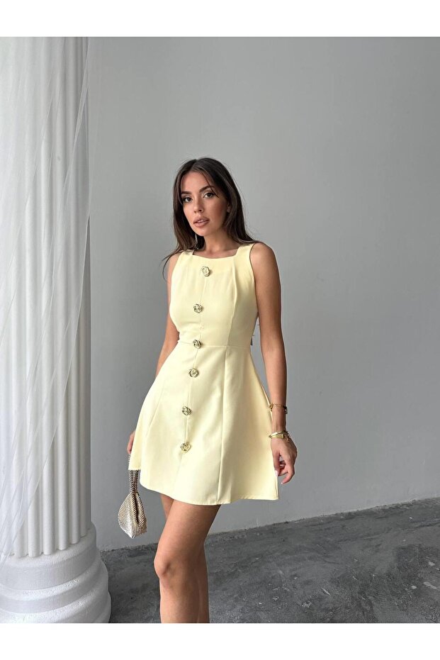 Düğmeli Atlas Mini Renata Elbise - 5