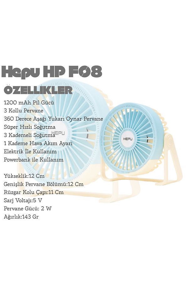 HP F08 Süper Soğutma Şarjlı Masa Üstü Mini Vantilatör 3 Kollu 4 Kademeli 1200 mAh Type-C Şarj - 2