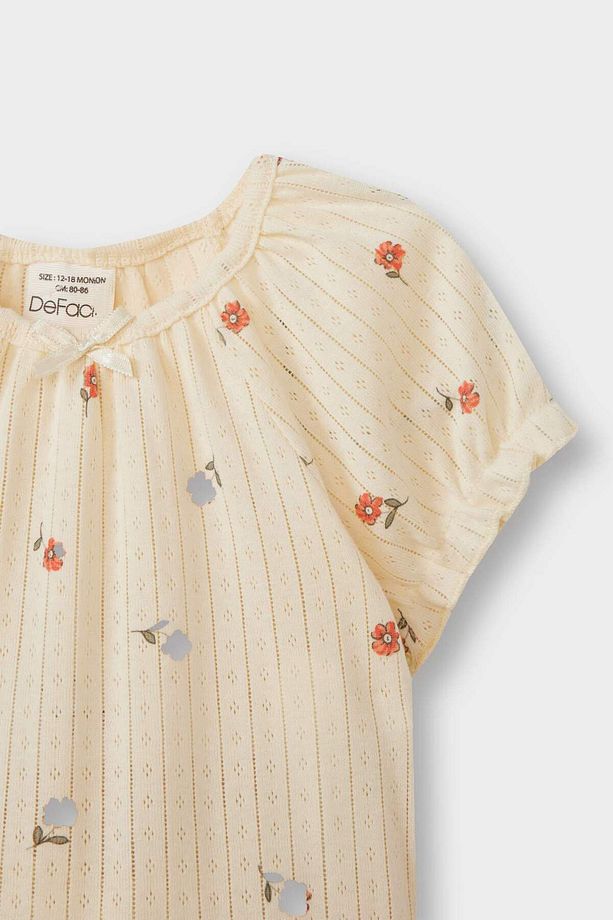 Kız Bebek Pijama Takımı Çiçekli Kısa Kollu Ribana Üst Beli Lastikli Şort E1552A525HS - 3