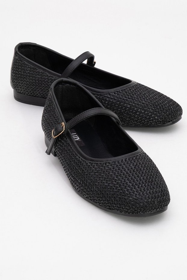 Black Straw Detailed Casual Women's Ballerinas
