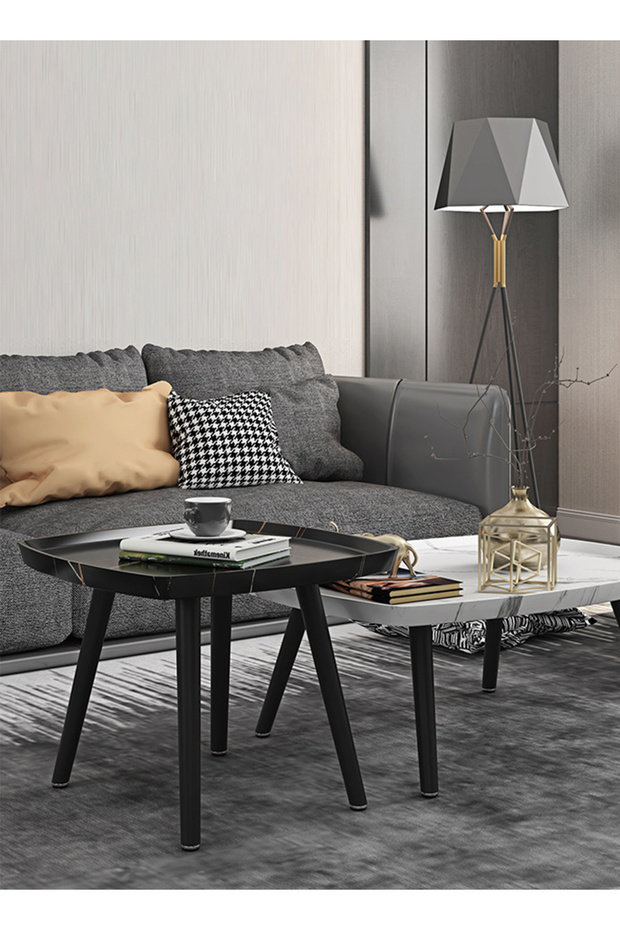Modern Living Room Small Square Table Coffee Table Side Table, Black Marble Texture Square Table - 3