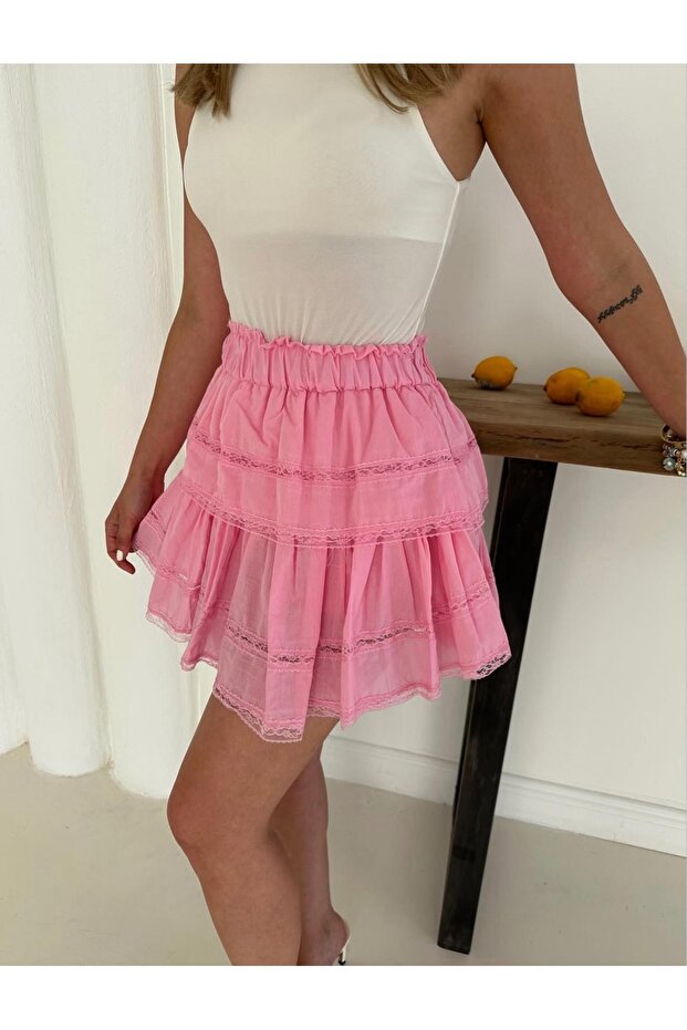 Pileli Kat Kat Dantelli Şort Etek - 5