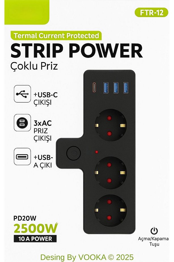 Akıllı Priz Termal Korumalı 3 Prizli Çoklu Akım Prizi | 3 USB-A + 1 USB-C 2500W 10A PD 20W - 6
