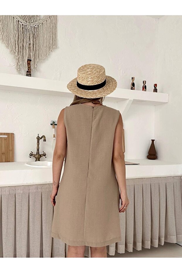 Λινό Basic Απλό Κοντό Φόρεμα - 7