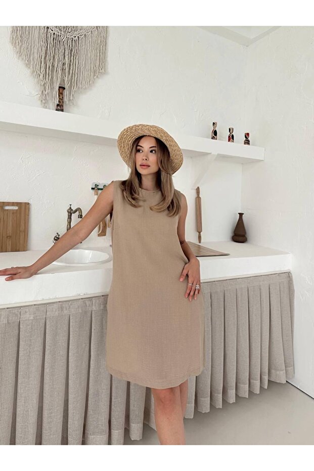 Λινό Basic Απλό Κοντό Φόρεμα - 6