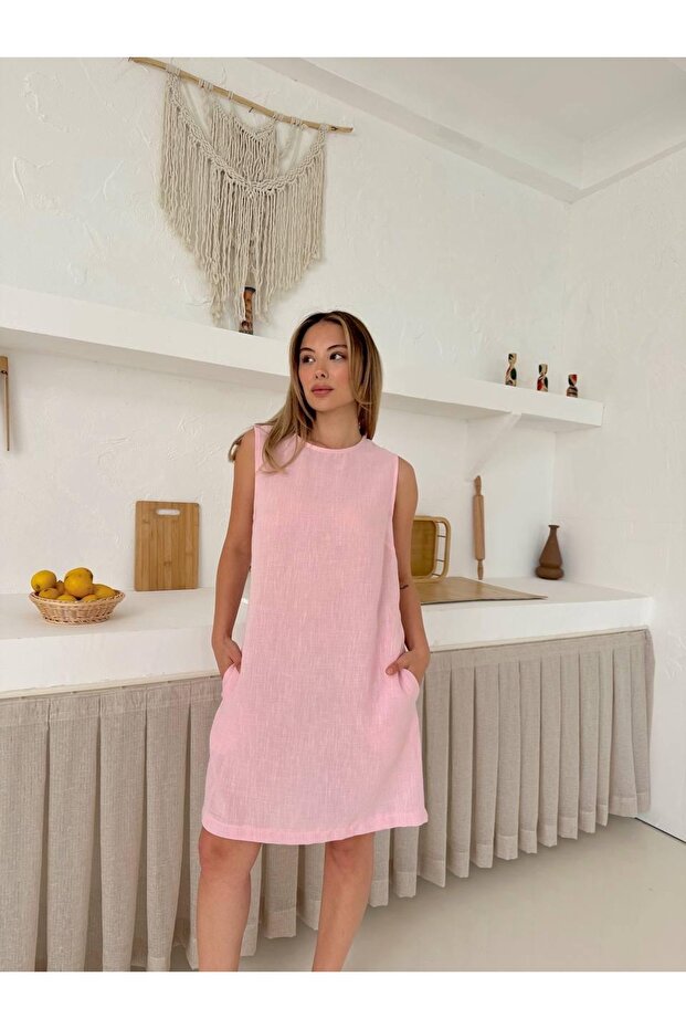 Λινό Basic Απλό Κοντό Φόρεμα - 2