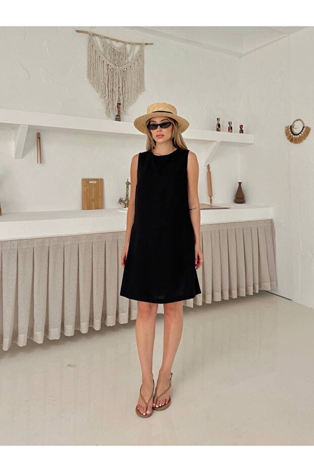 Keten Basic Düz Kısa Elbise - 1