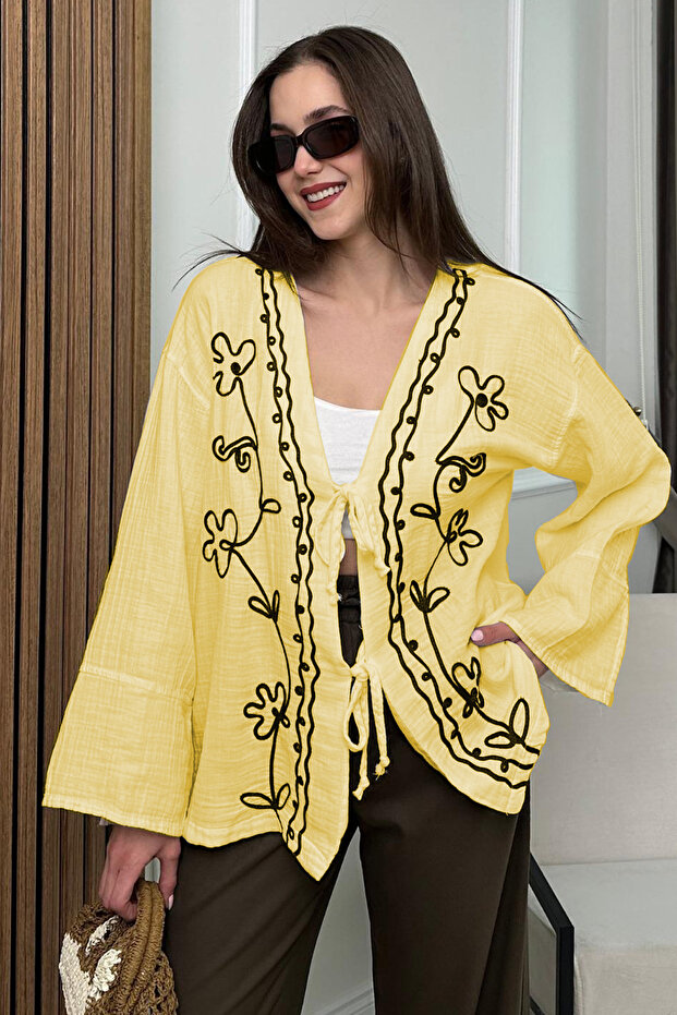 Muslin Embroidered Tie Kimono Shirt