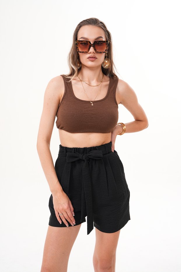 Women's Black Elastic Waist Belted Double Pocket Linen Shorts